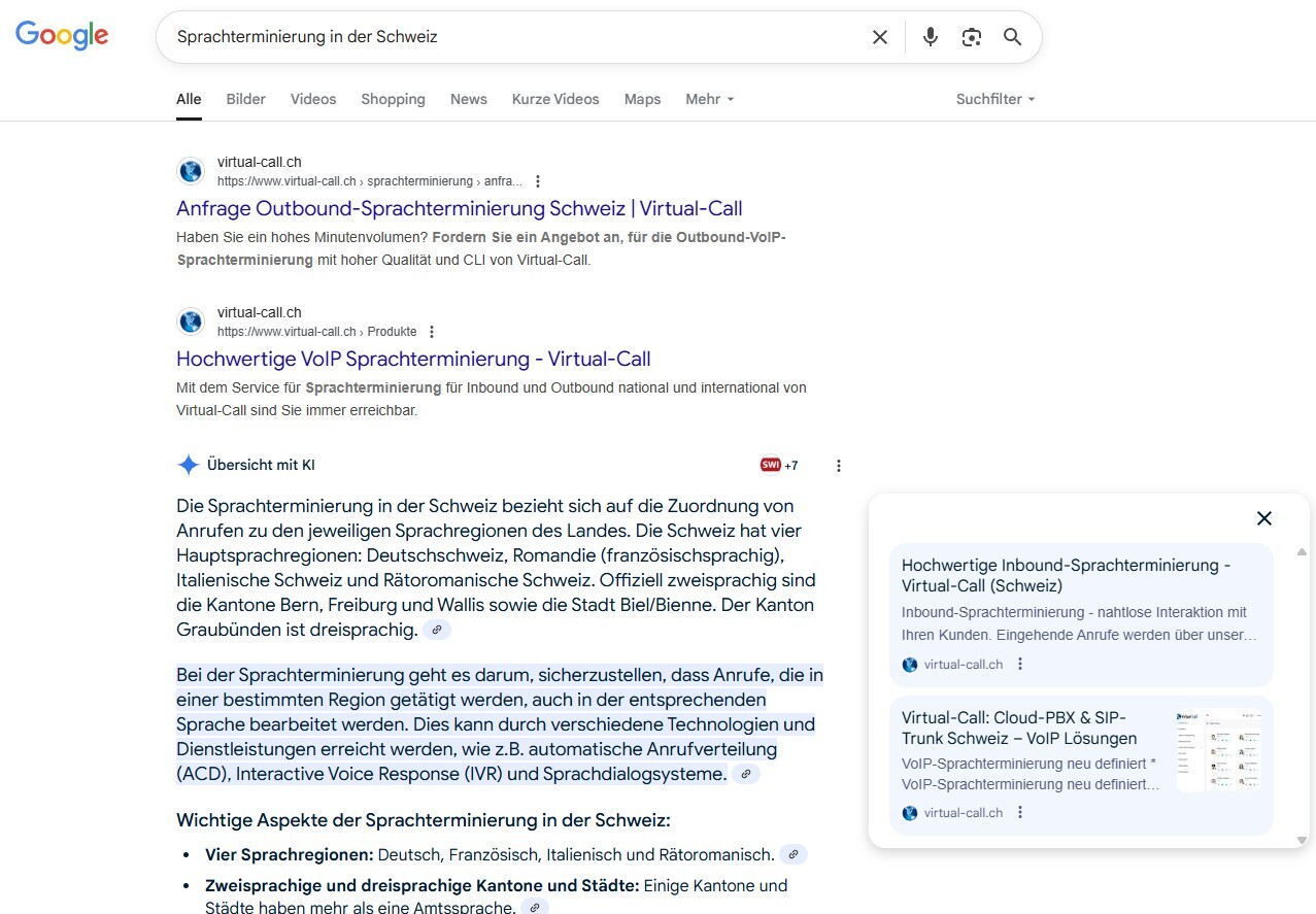 Screenshot der Google-Suchergebnisseite für 'Sprachterminierung in der Schweiz', mit Top-Rankings der Website virtual-call.ch. Relevanter SEO-Nachweis für Content-Marketing im B2B-Bereich und digitale Sichtbarkeit in der DACH-Region.